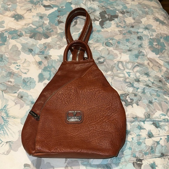 Made in Italy Leather Sling Zip Backpack Cognac Brown Luggage Tan Valentina EUC main image 6